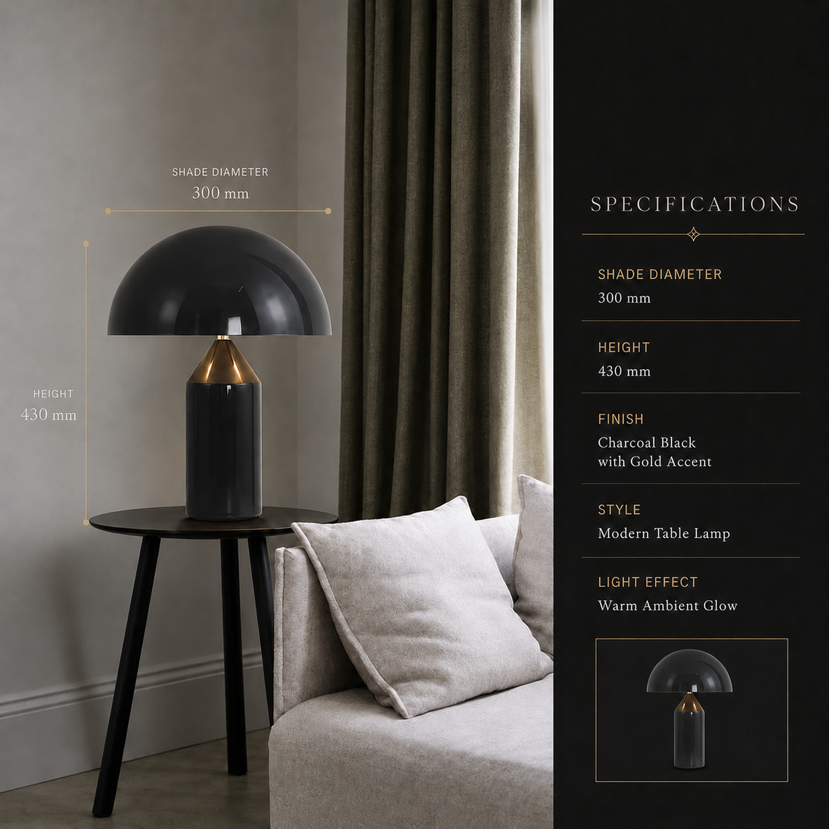 Large Black Rechargeable Touch Table Lamp