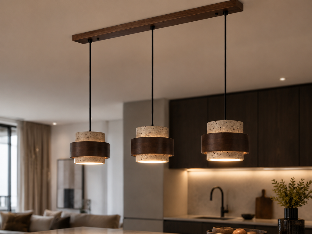 Stone and Wood Linear Pendant Light