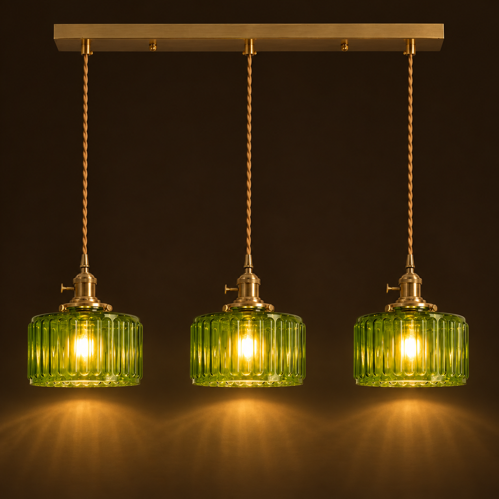Ribbed Glass 3 Light Kitchen Island Pendant Light