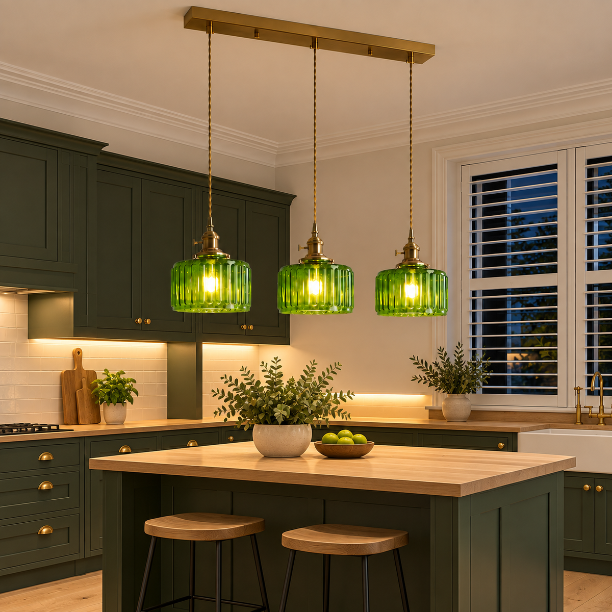 Ribbed Glass 3 Light Kitchen Island Pendant Light