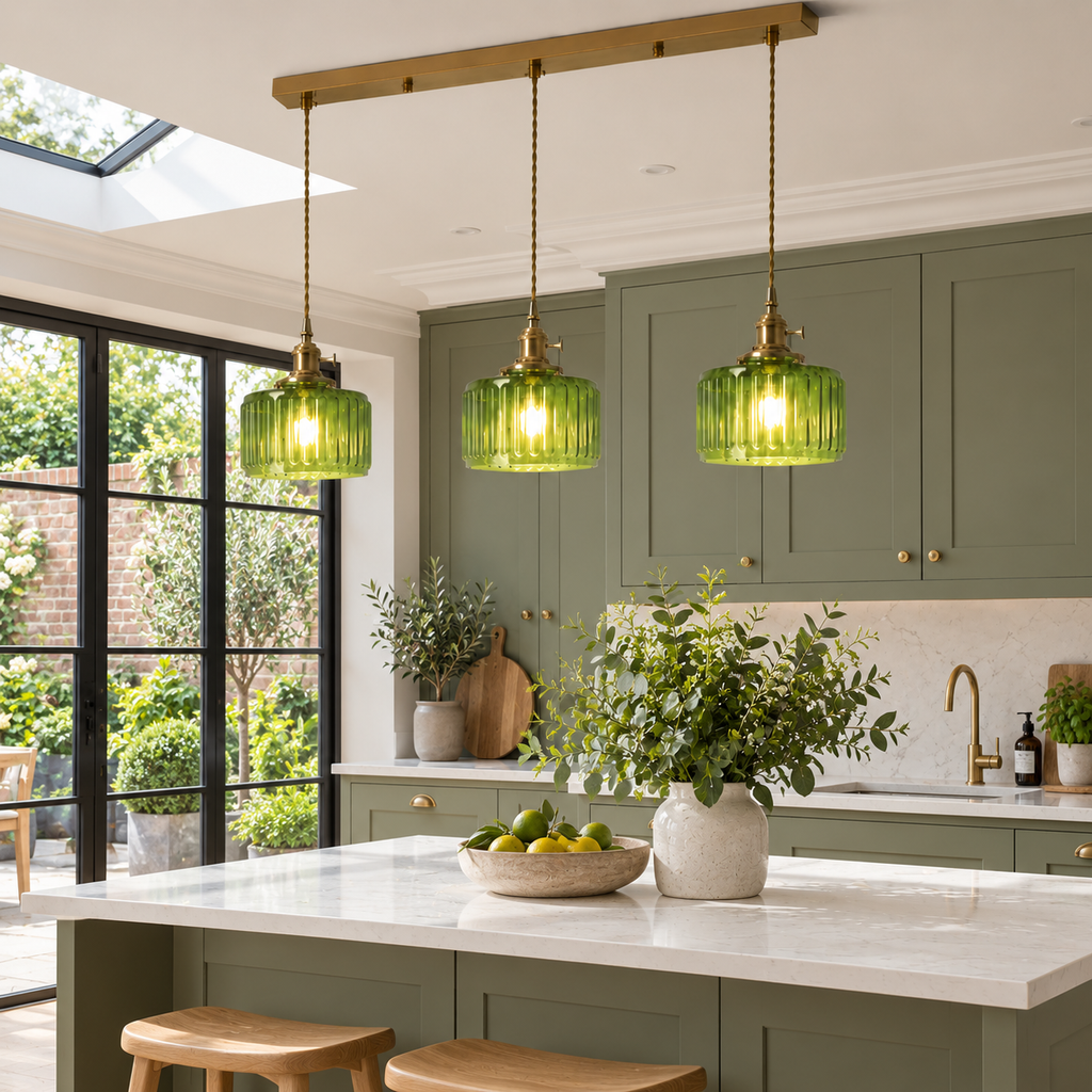 Ribbed Glass 3 Light Kitchen Island Pendant Light