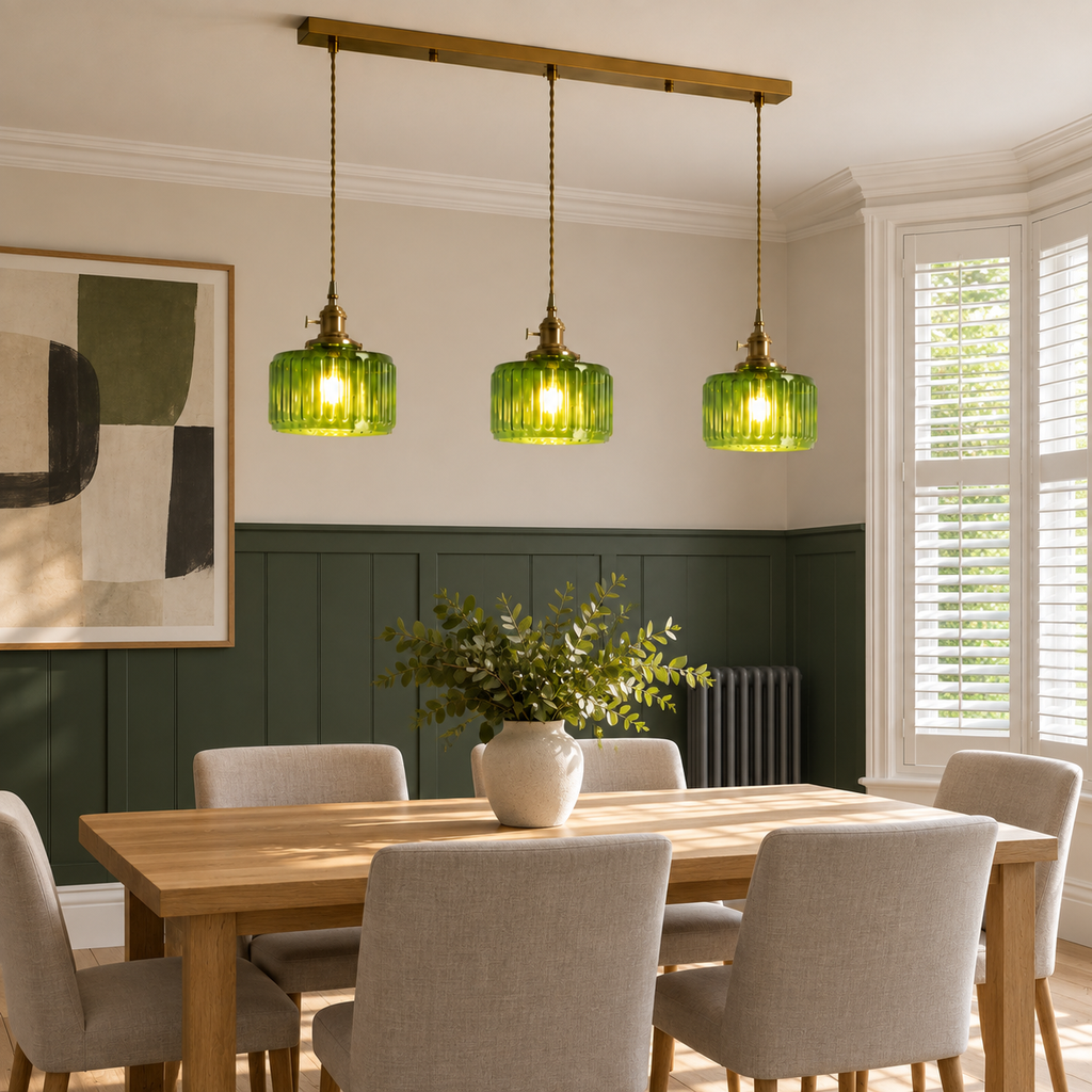 Ribbed Glass 3 Light Kitchen Island Pendant Light