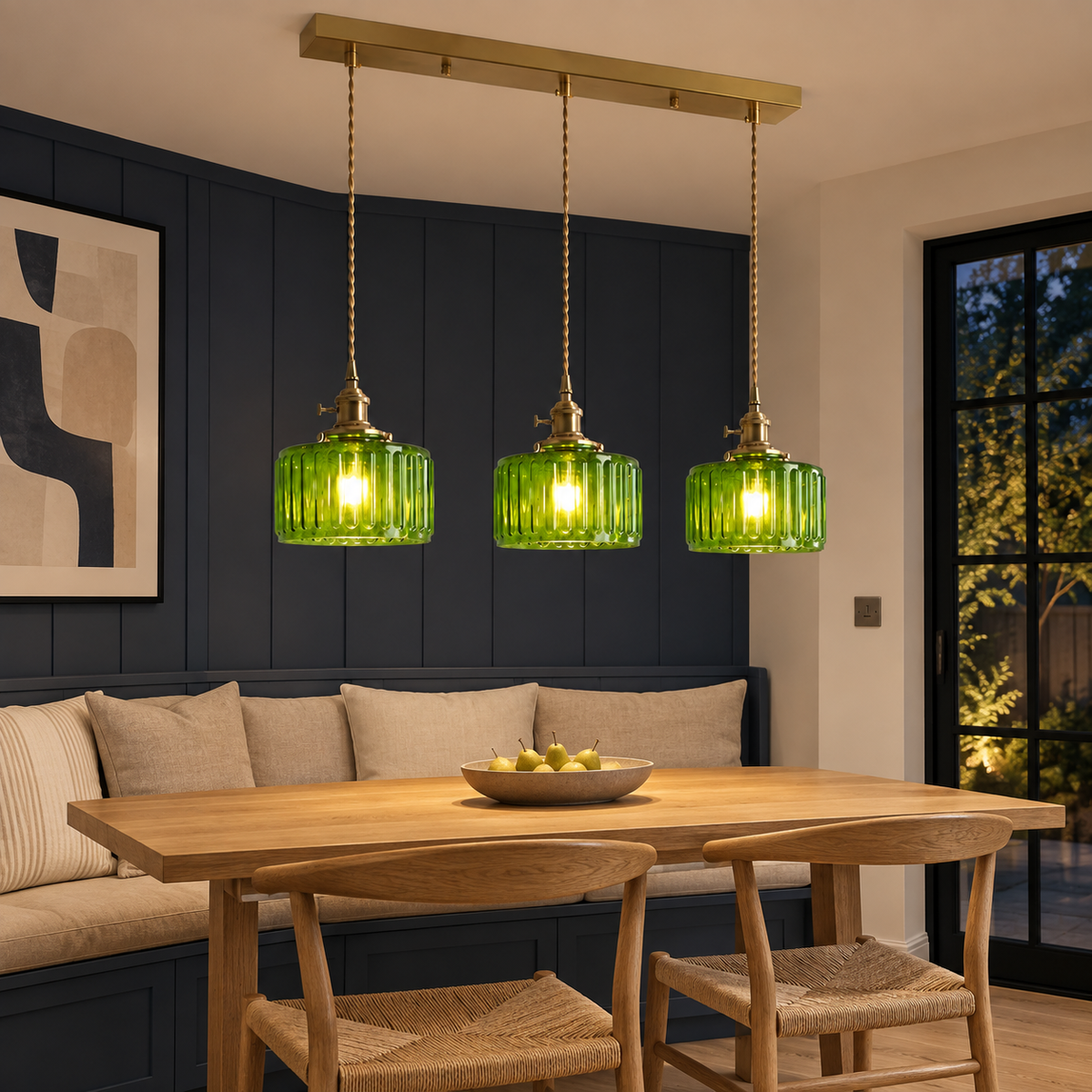 Ribbed Glass 3 Light Kitchen Island Pendant Light
