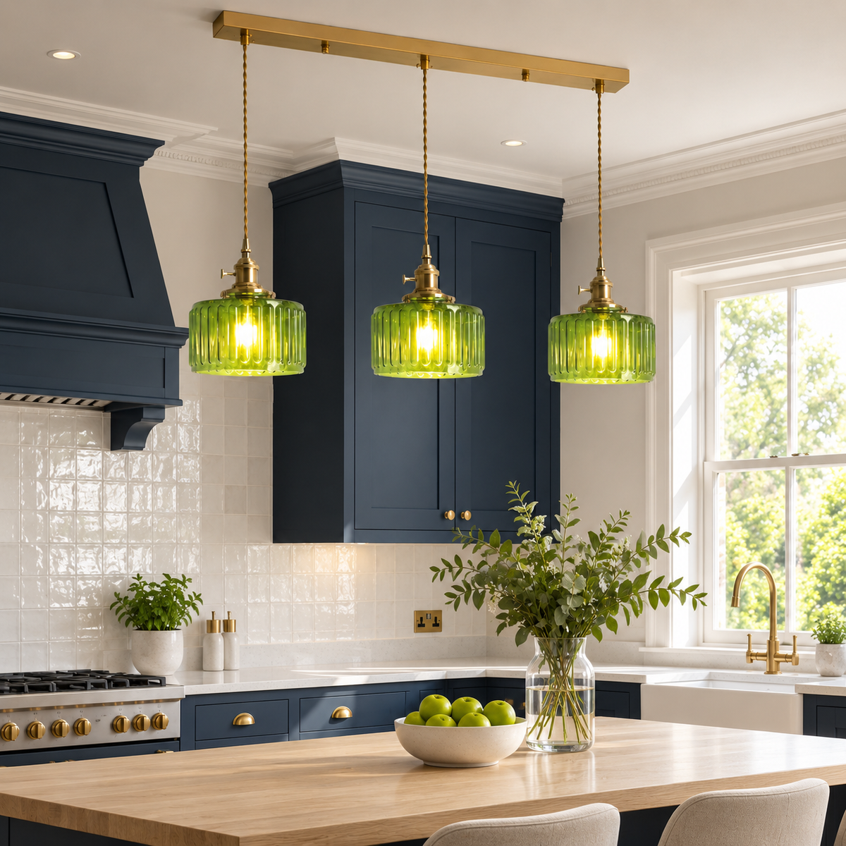 Ribbed Glass 3 Light Kitchen Island Pendant Light