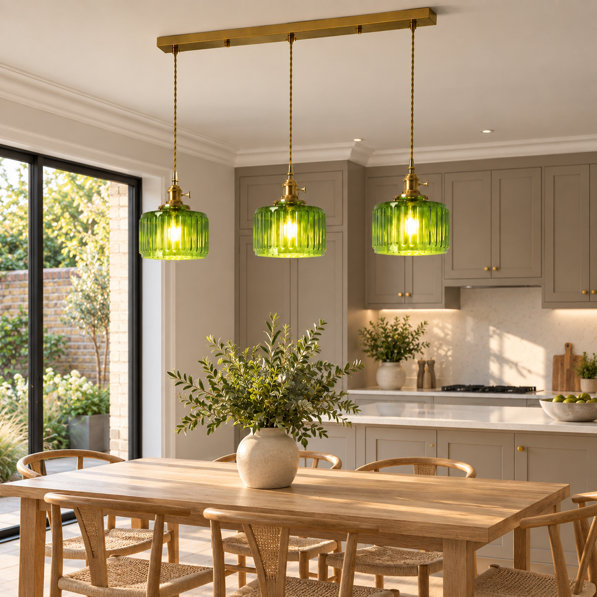 Ribbed Glass 3 Light Kitchen Island Pendant Light