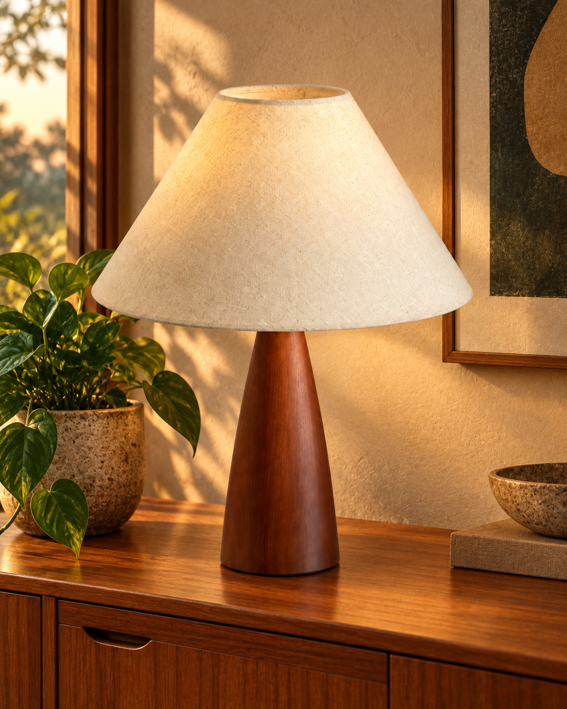 Walnut Cone Linen Table Lamp